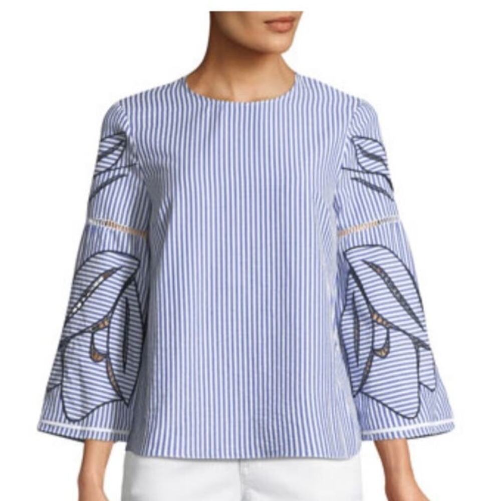 Tanya Taylor Women's Martine Blue White Striped Leaf Design Blouse Top Size 4